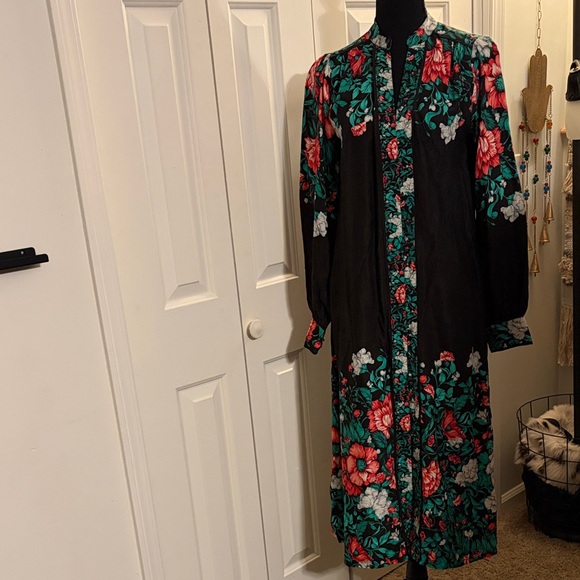 Anthropologie Dresses & Skirts - Anthropologie Black Midi Dress with Red and Green Floral Design